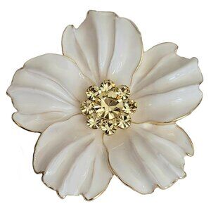 P Wright Gold Tone White Enamel Jonquil Rhinestone Flower Brooch, Signed